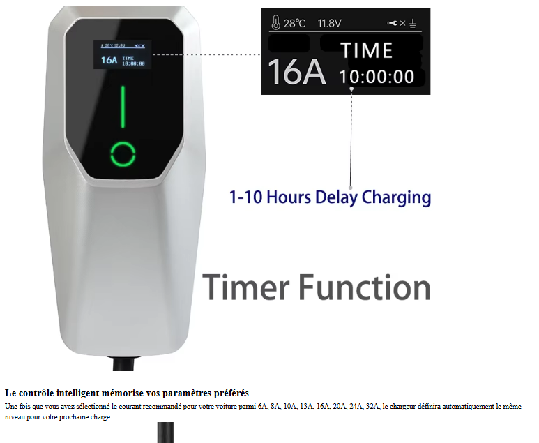 Fonction minuterie intelligente avec retardement de charge 1 à 10 heures et écran tactile