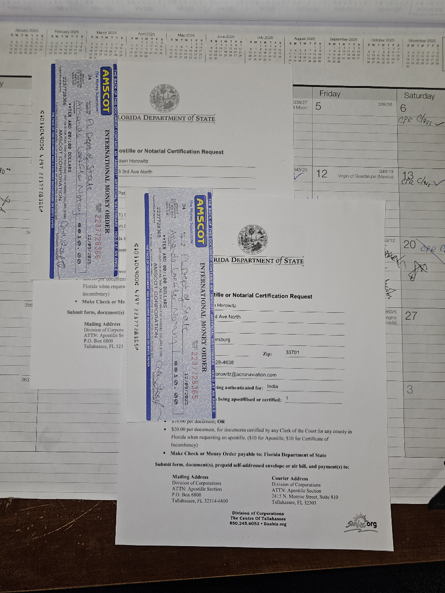 Real Florida Department of State Apostille or Notarial Certification Request form with AMSCOT money orders