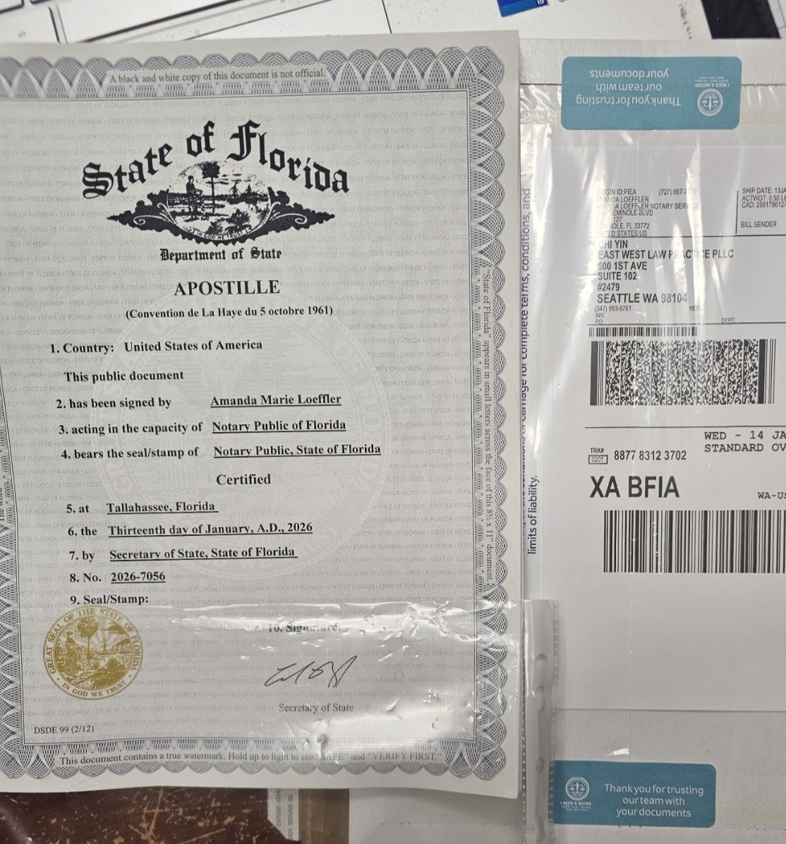 Official Florida State Apostille certificate with FedEx shipping label