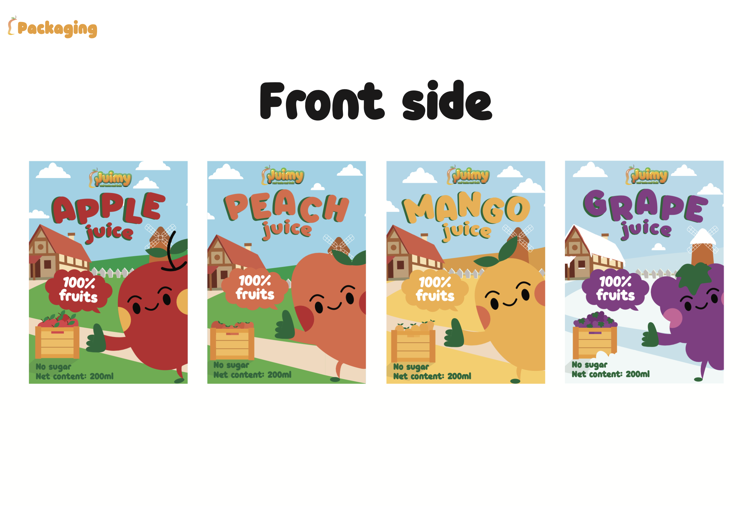 Juimy Packaging Front Lineup: Four juice bottles with brand identity applied