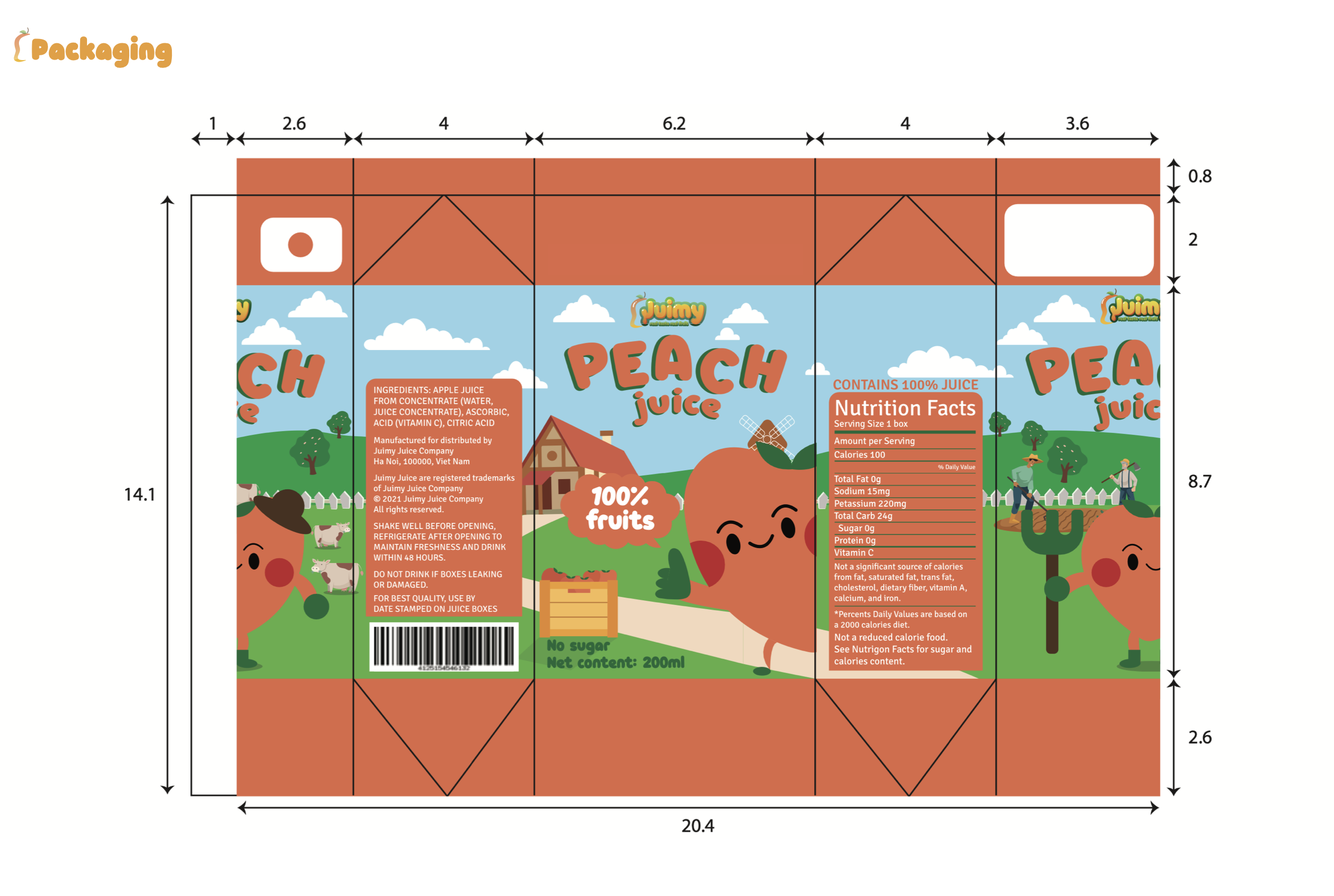 Juimy Packaging Flat Layout: Top-down view of bottles, caps, and branded tags