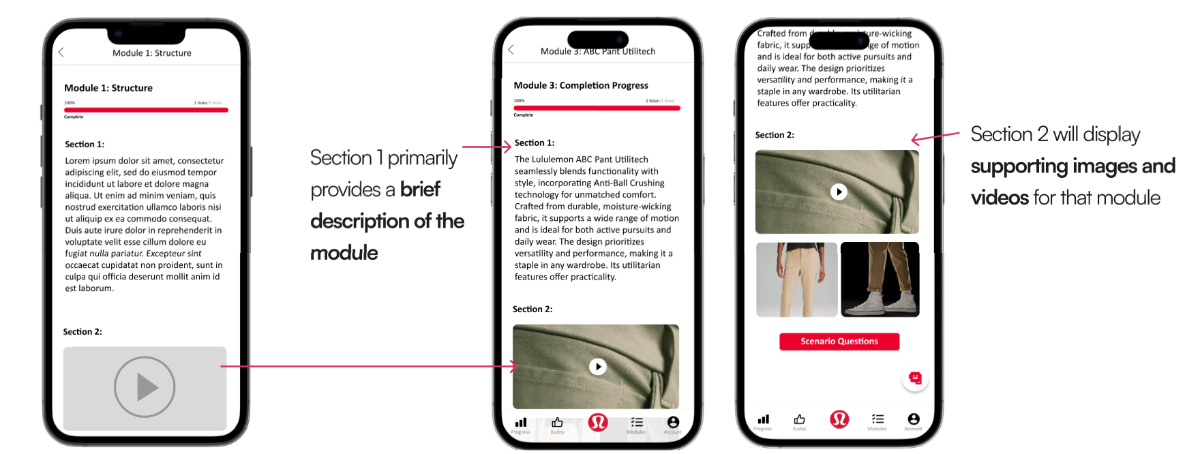 Three module screens showing visual redesign progression