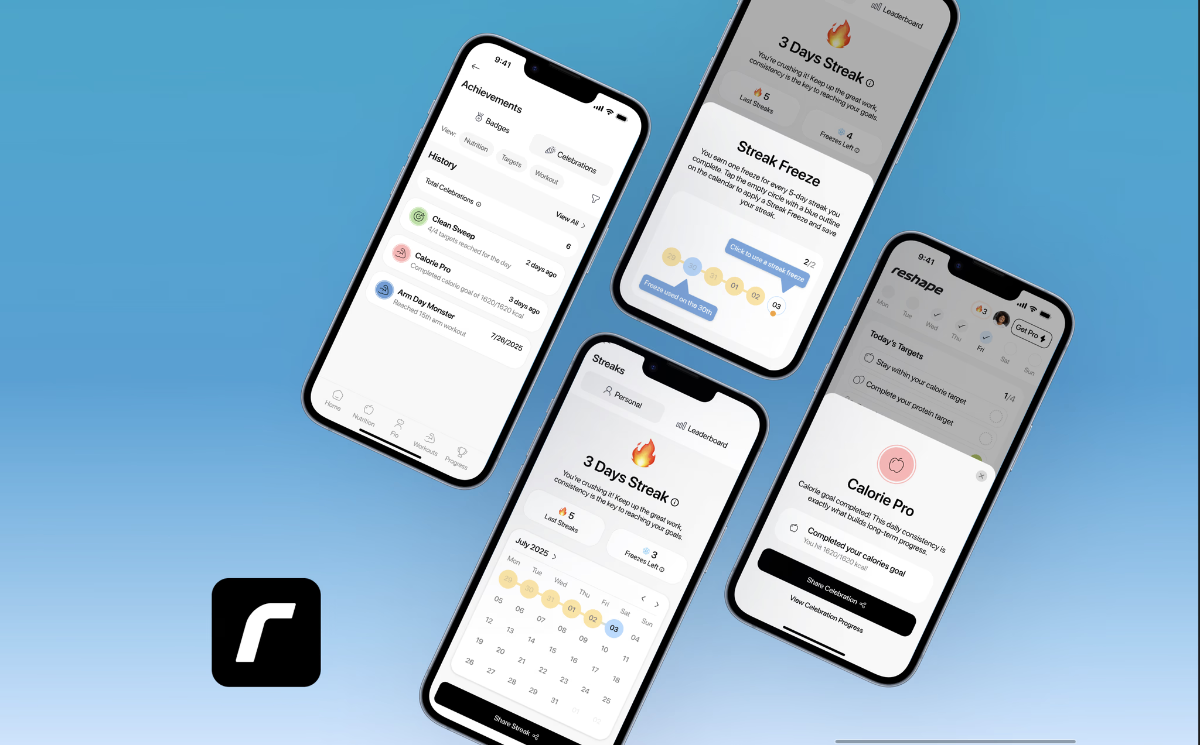 Reshape app screens showing streak and celebration features