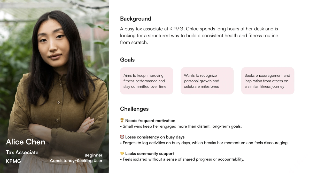 New User persona - Alice Chen, Tax Associate at KPMG, Beginner Consistency-Seeking User