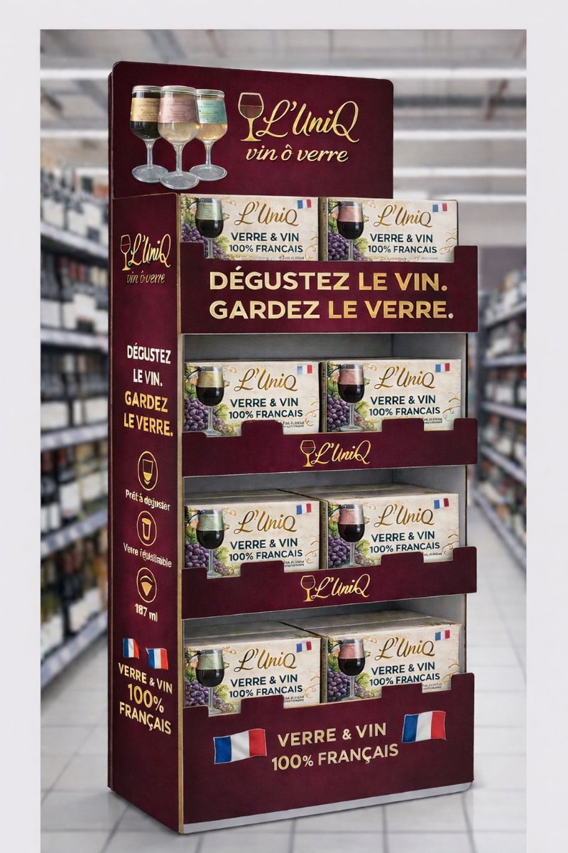 Présentoir PLV L'UniQ en magasin avec coffrets de 4 verres