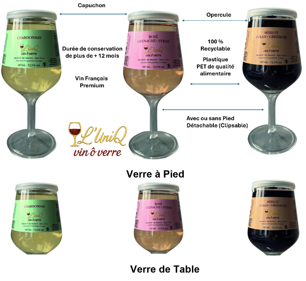 3 verres Vinôverre - Rouge, Blanc, Rosé avec pied détachable