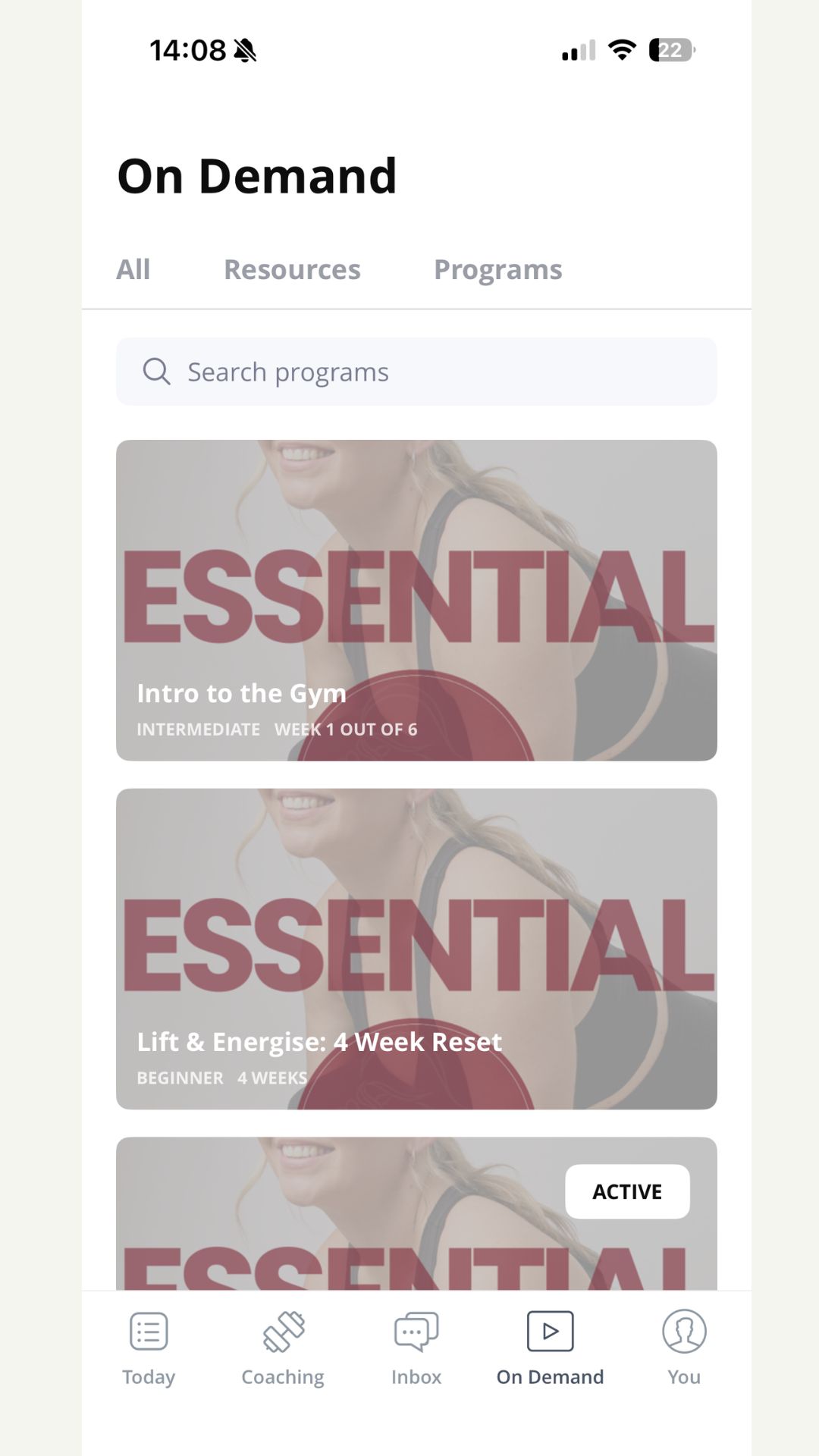 Everfit app programme selection screen showing workout programmes designed for mums