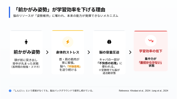 勉強中の前かがみ姿勢が首こり・学習効率低下を招く理由の図解|ストレッチルーネ