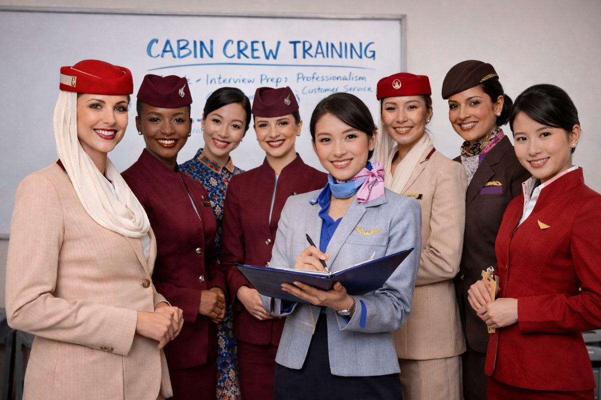 Cabin crew training with diverse international flight attendants in professional uniforms