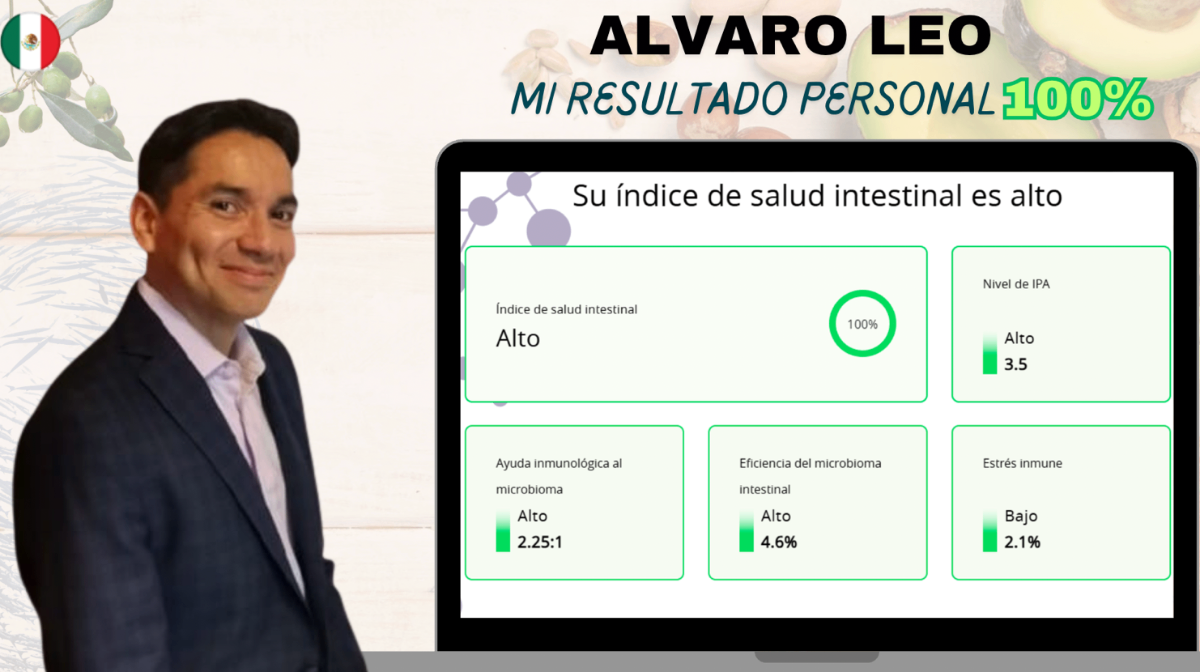 GutHealth Test de Alvaro Leo mostrando índice de salud intestinal alto