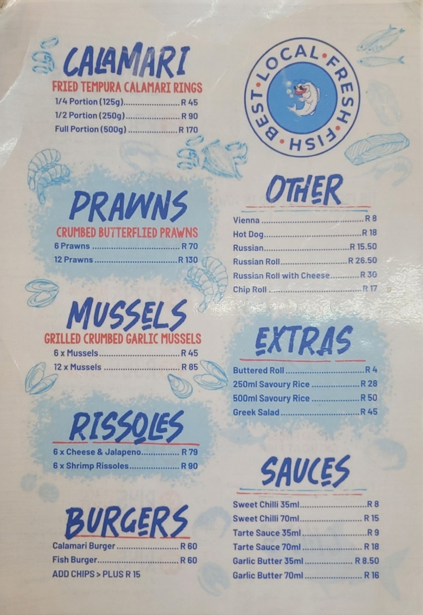 Fifi's Fresh Fish Complete Menu - Calamari, Prawns, Mussels, Rissoles, Burgers and Fresh Seafood