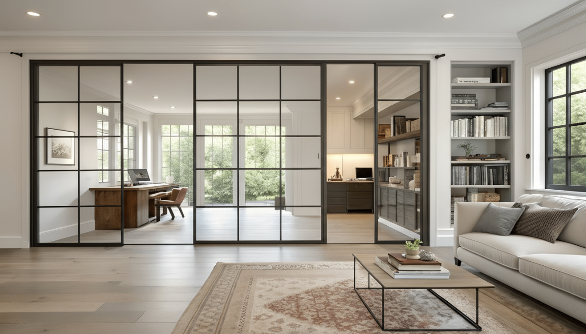 Puerta corredera industrial en loft moderno