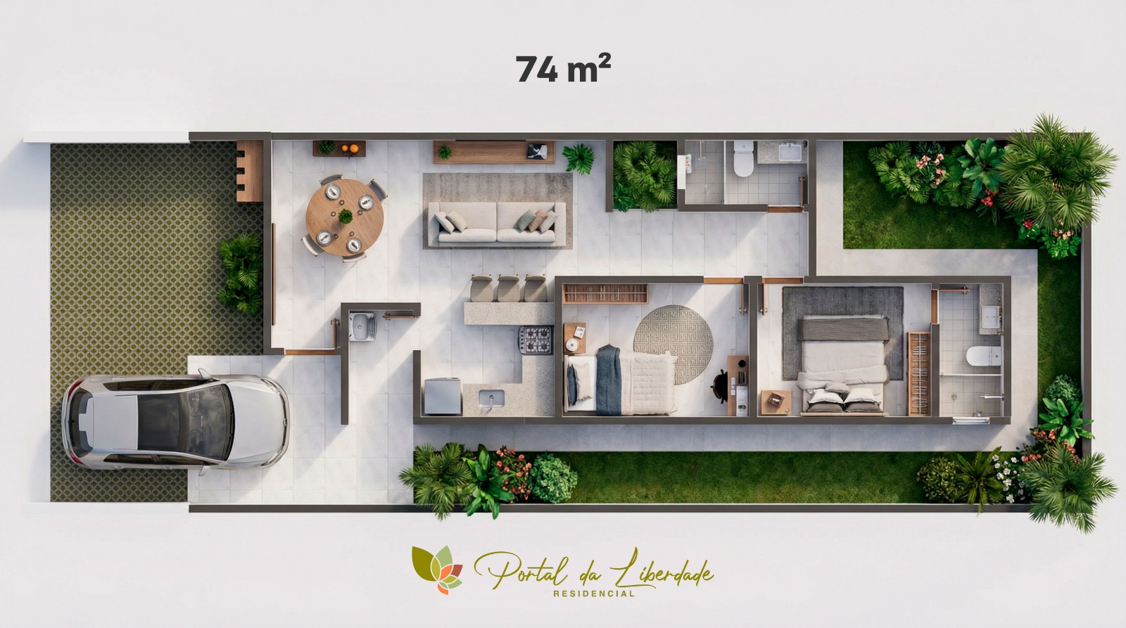 Planta baixa da casa do Residencial Portal da Liberdade - 74,43 m²