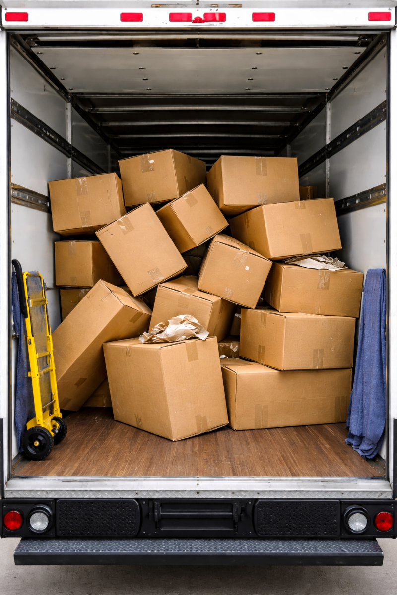 Disorganized cardboard boxes in a moving truck