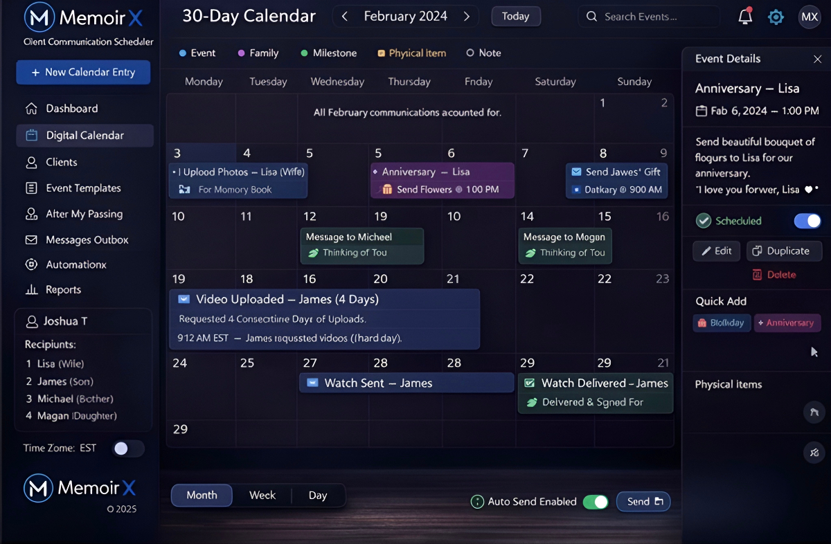 MemoirX internal management system showing client calendar and delivery tracking