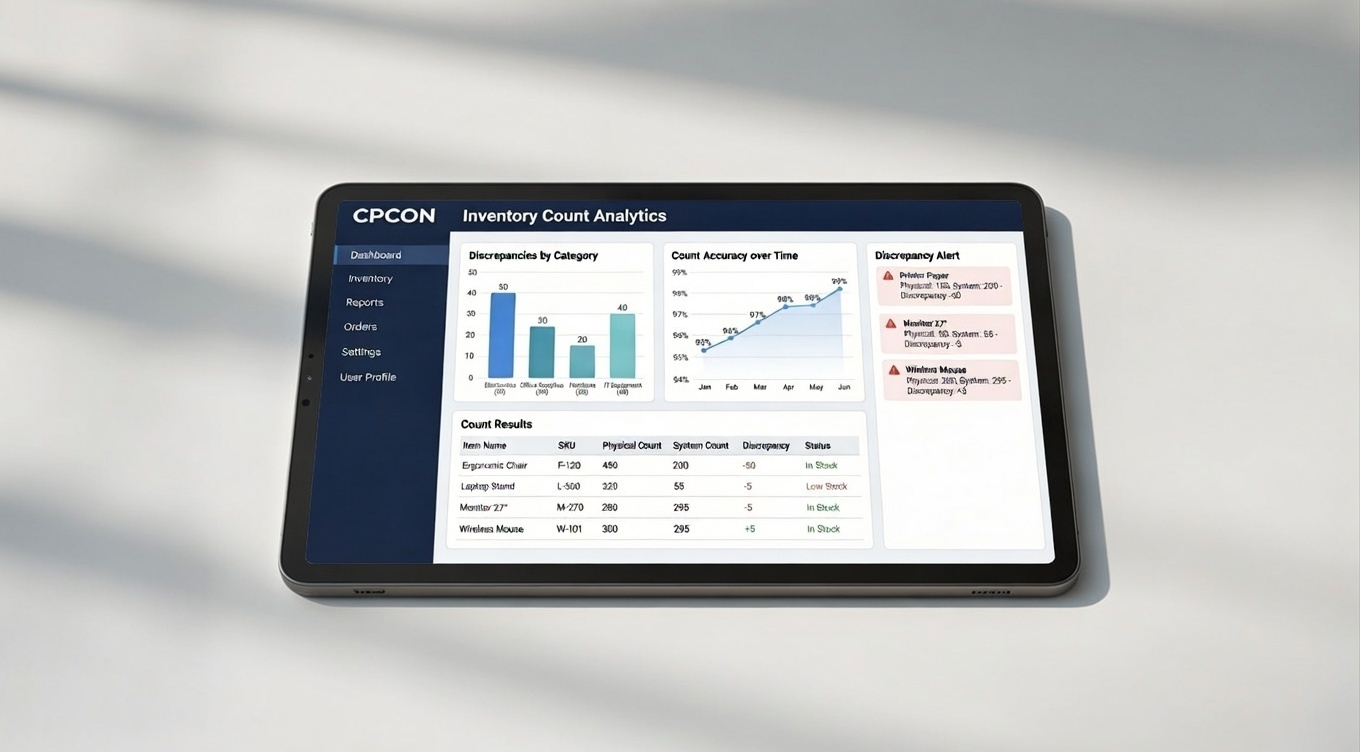 CPCON real-time inventory dashboard showing live count progress, analytics metrics, and variance reporting for audit-ready inventory management