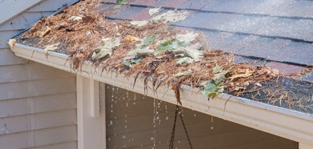 House with clogged gutters showing water damage