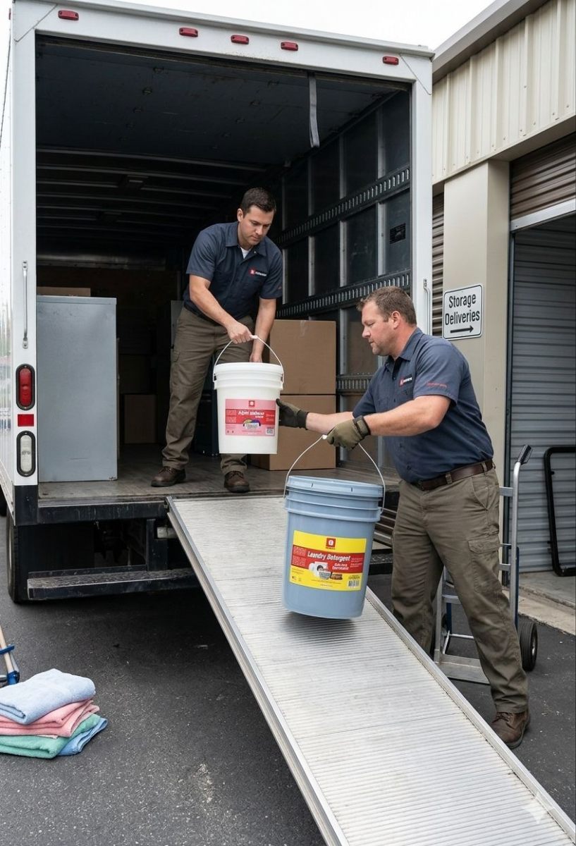 Equipo de distribución descargando productos