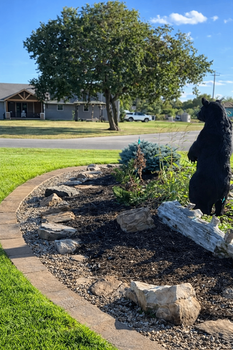 After landscaping with beautiful rock garden and plants