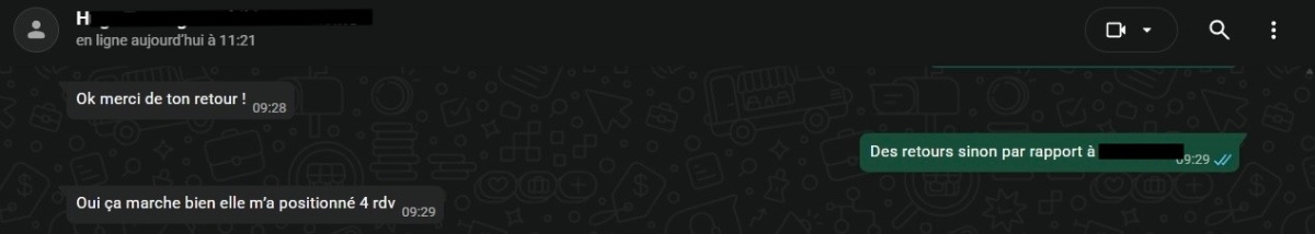 Témoignage client Prospecto - Conversation WhatsApp Business