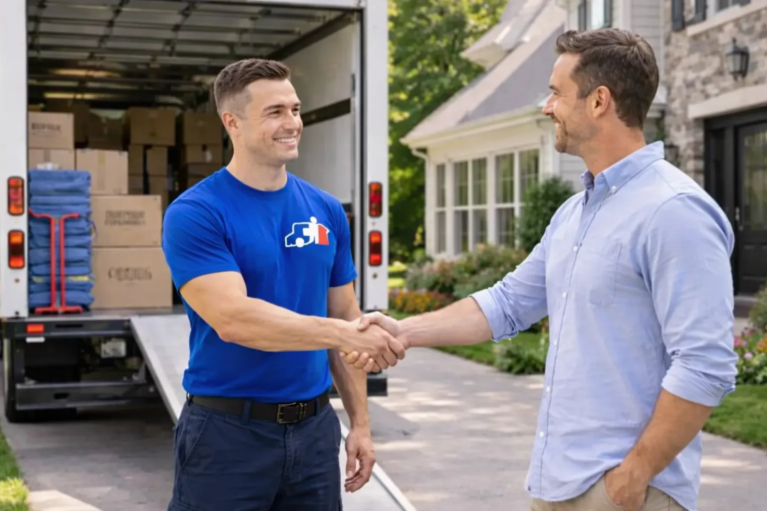 Professional moving truck and team in action on a sunny residential street