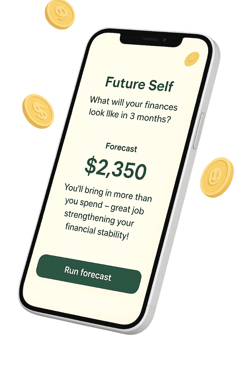 MoneyMender App Preview - Future Self Financial Forecast
