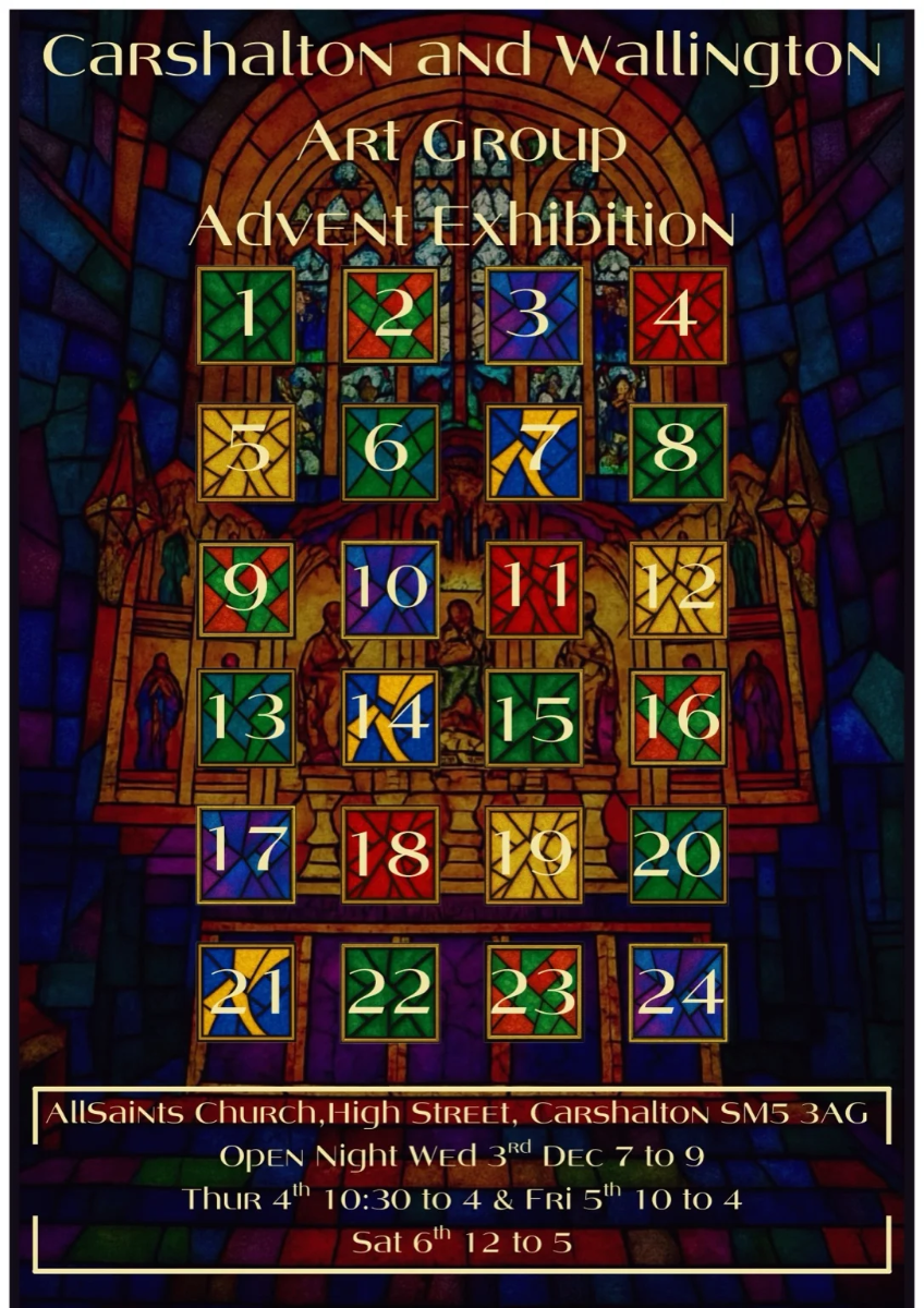 Winter Exhibition 2025 Advent Calendar featuring beautiful stained glass style artwork with 24 numbered doors for daily reveals throughout December