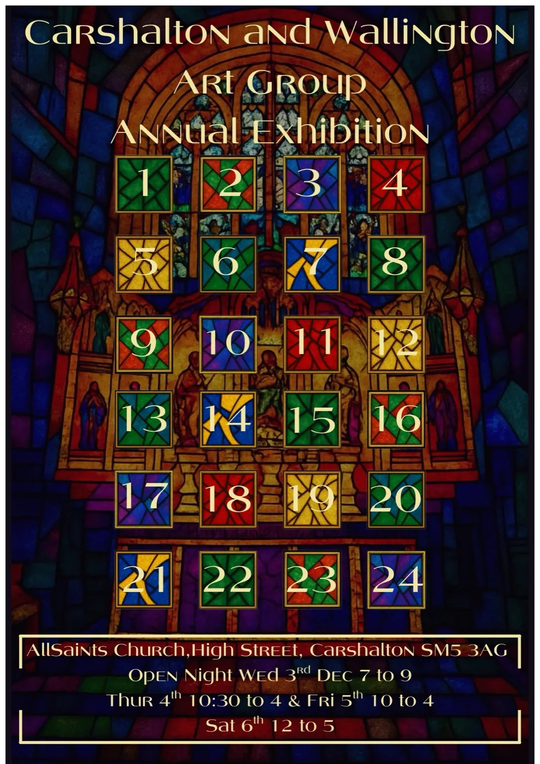 Winter Exhibition 2025 Advent Calendar featuring beautiful stained glass style artwork with 24 numbered doors for daily reveals throughout December