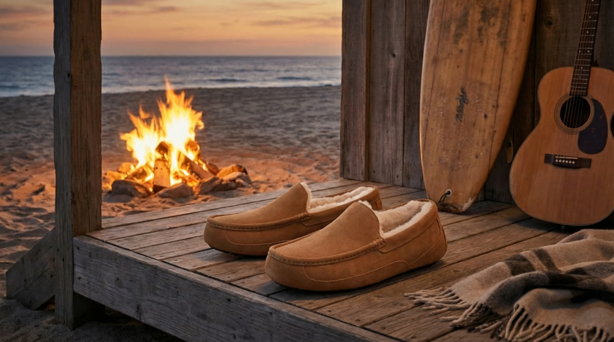 UGG Ascot Slippers by beach campfire at dusk