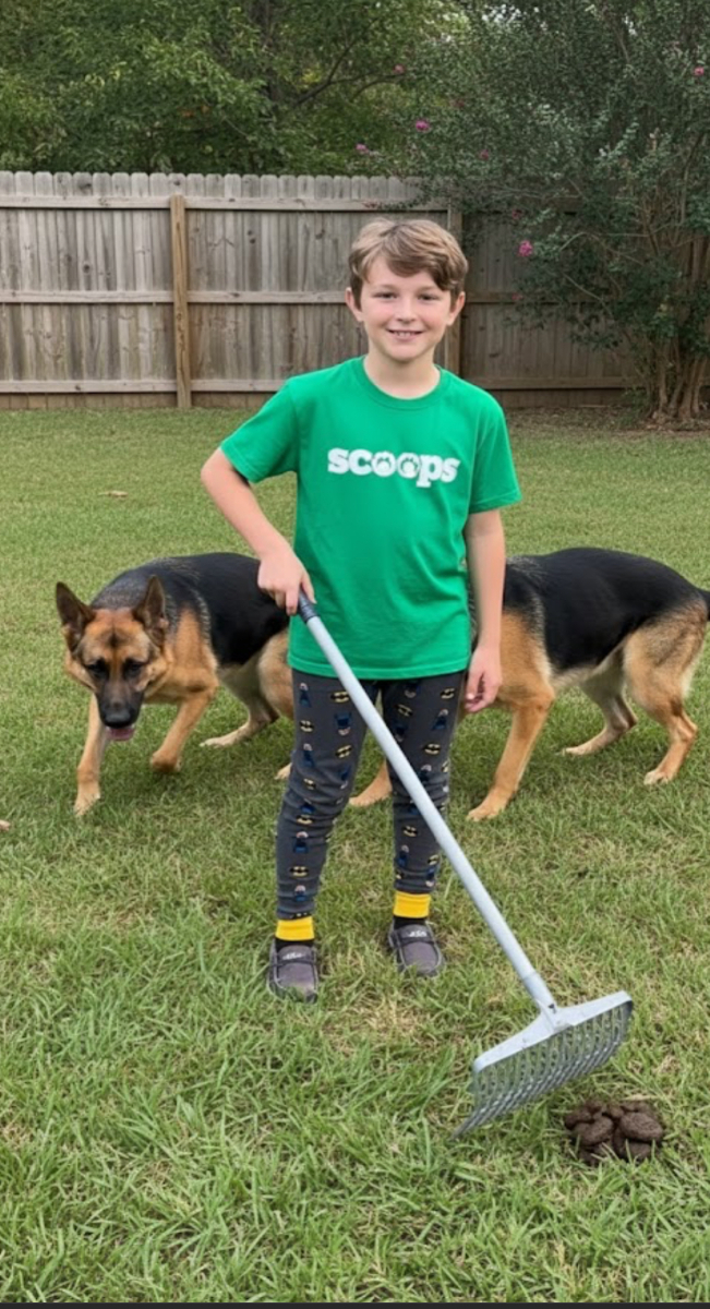 Young boy with Scoops t-shirt and German Shepherd dog