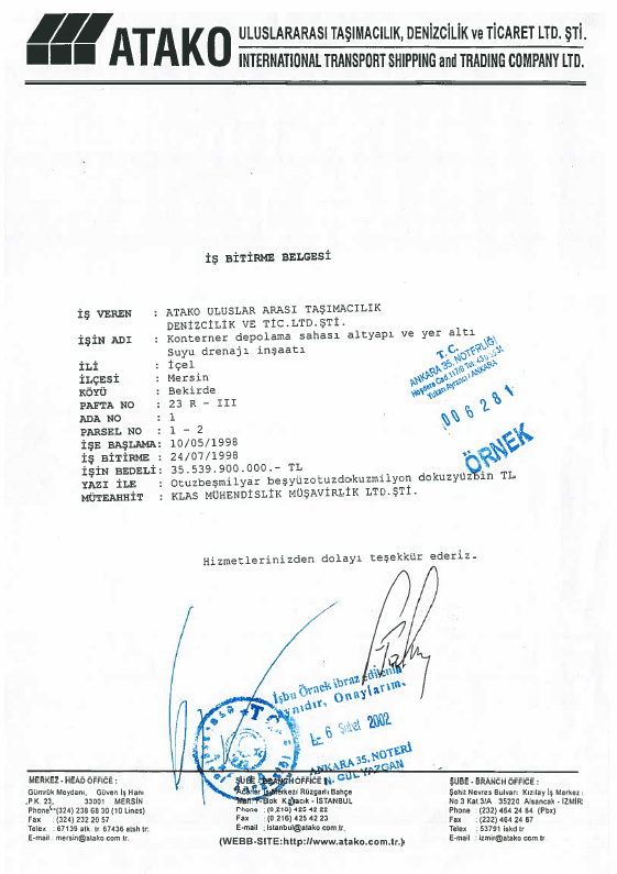 Konteyner Depolama Sahası - İş Bitirme Belgesi