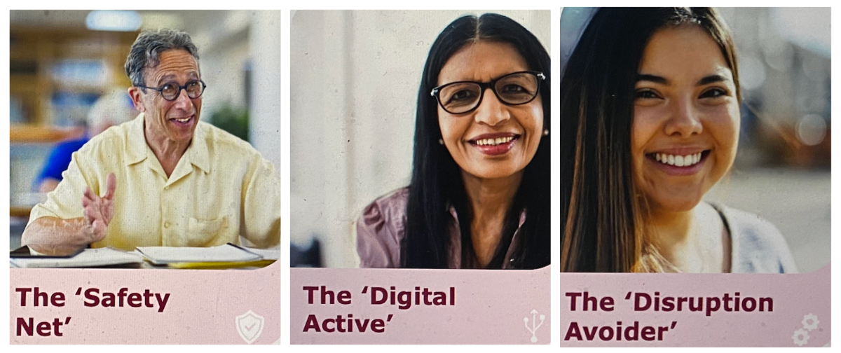 Patient archetype persona cards showing Safety Net, Digital Active and Disruption Avoider segments