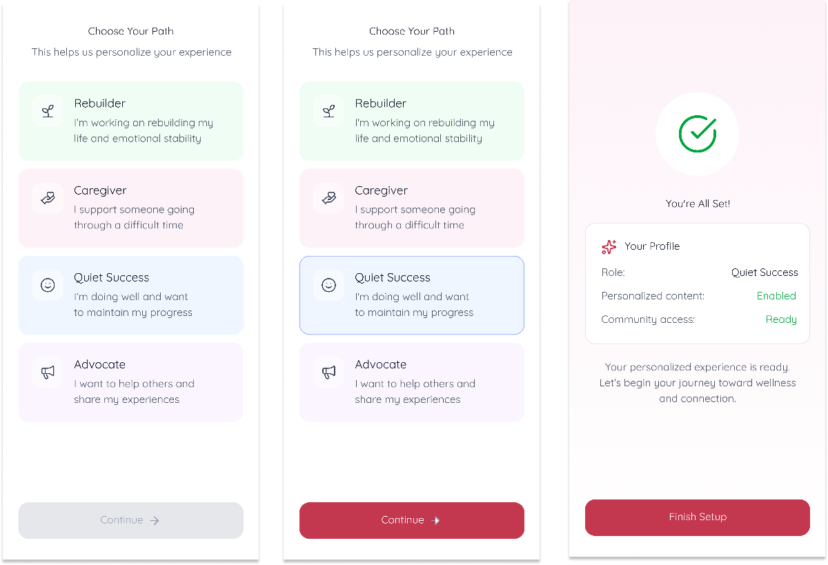 Rekindle Onboarding Path Selection Screens