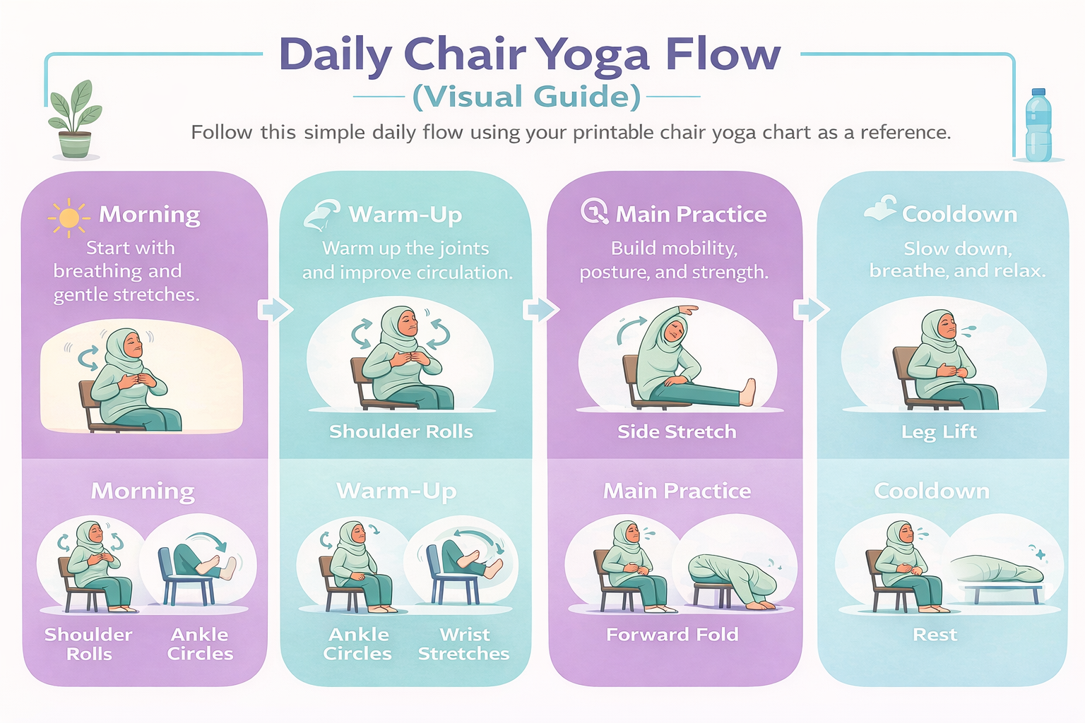 printable chair yoga pdf daily flow chart showing exercise sequence