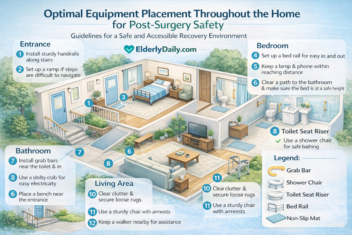 Optimal equipment placement throughout the home for post-surgery safety showing entrance with handrails, bedroom with bed rails and lamp, bathroom with grab bars and shower chair, and living area with clear pathways
