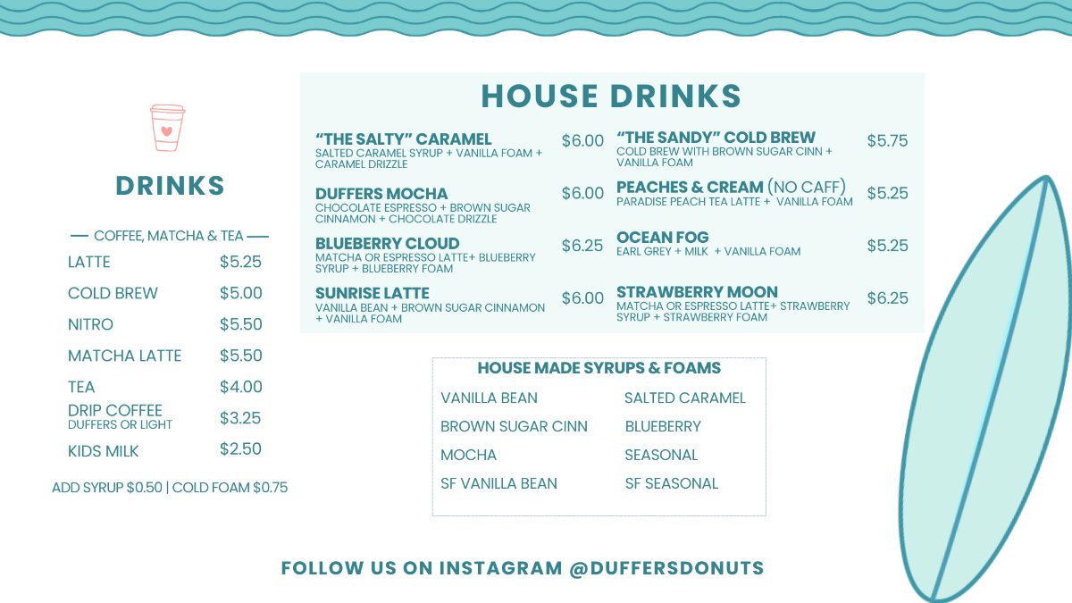 Duffers Coffee & Drinks Menu - House Drinks, Coffee, Matcha & Tea with pricing