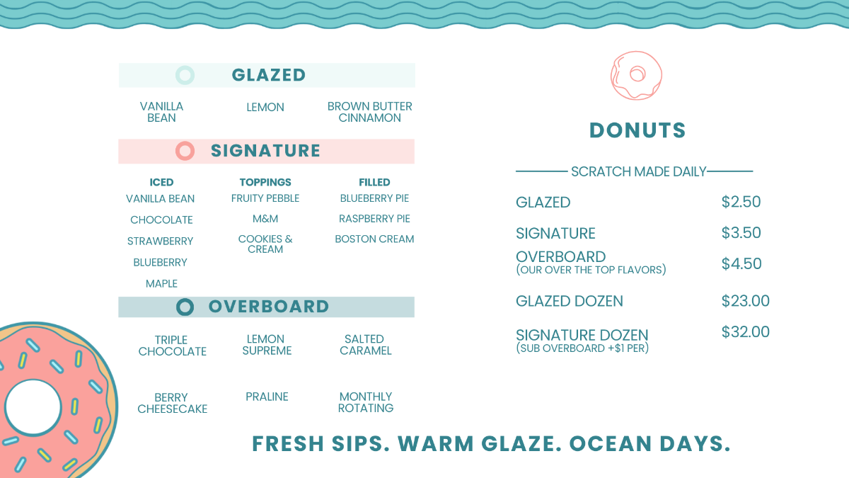 Duffers Donuts Menu - Glazed, Signature, Overboard varieties with pricing