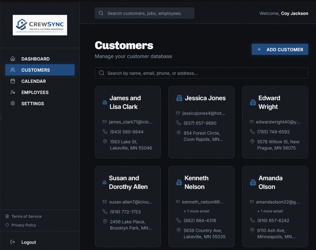 Customer CRM Interface