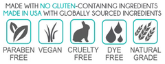 Product Certifications - Paraben Free, Vegan, Cruelty Free, Dye Free, Natural Grade