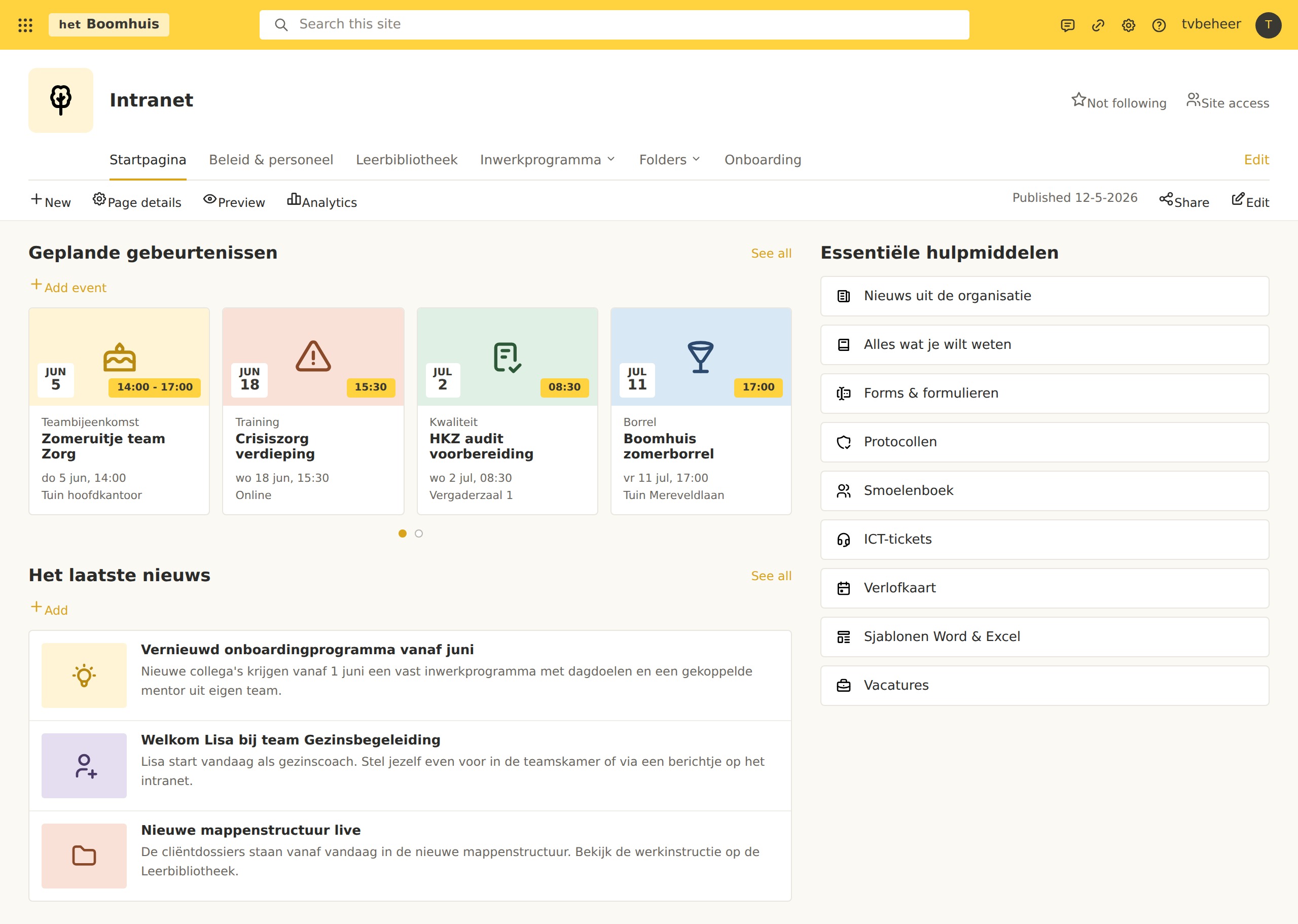 WilmaHuis intranet dashboard — centrale hub voor medewerkers