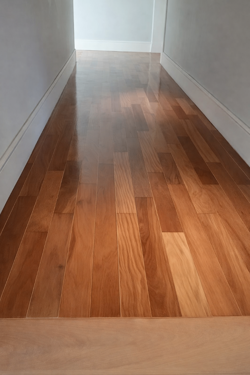 Piso restaurado com lixamento e acabamento profissional