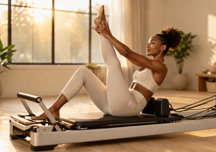 Woman doing spinal extension on reformer