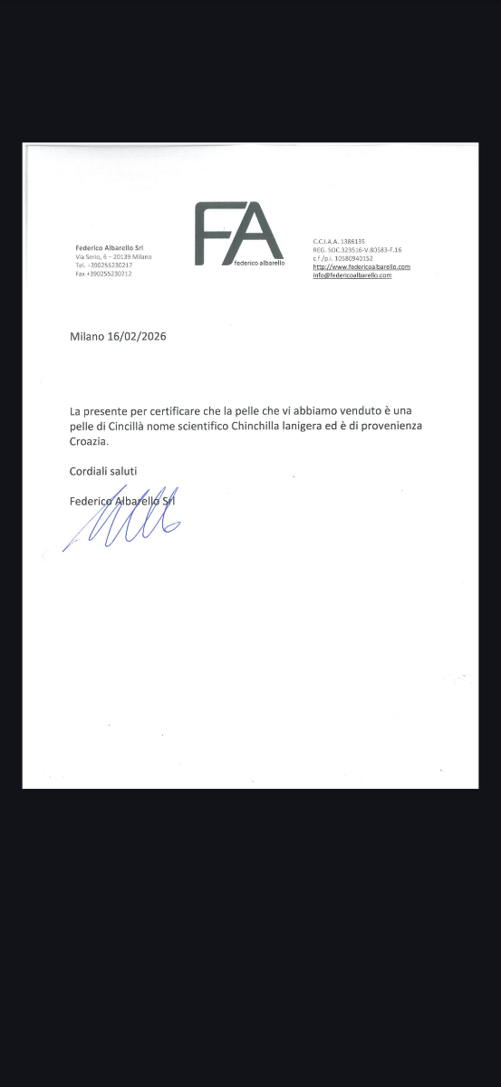 Certificat d'authenticité Chinchilla lanigera — Federico Albarello Srl — Origine Croatie — EUTHAGÁ PARIS