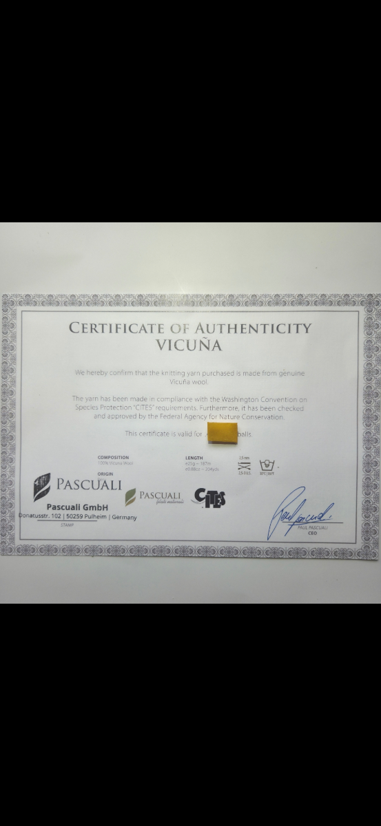 Certificat d'authenticité Vicuña 100% — Pascuali GmbH — CITES — EUTHAGÁ PARIS