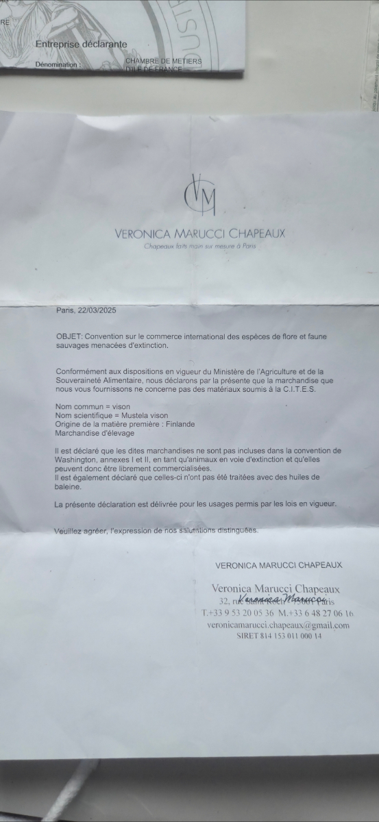 Certificat d'authenticité Vison — Veronica Marucci Chapeaux — CITES — EUTHAGÁ PARIS