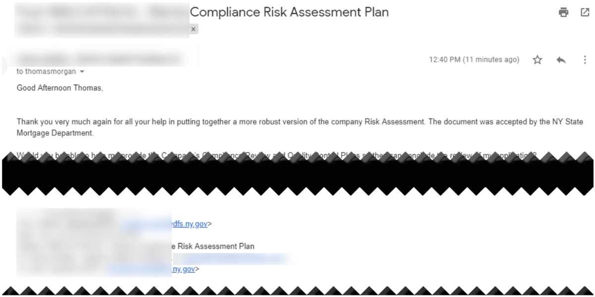 Client review - Risk Assessment accepted by NY State Mortgage Department