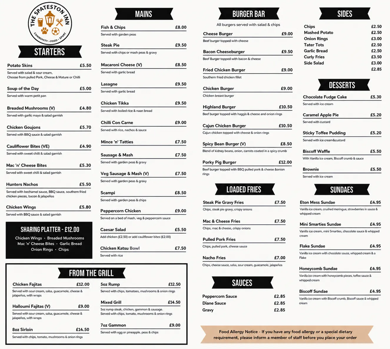 The Spateston Inn food and drink menu