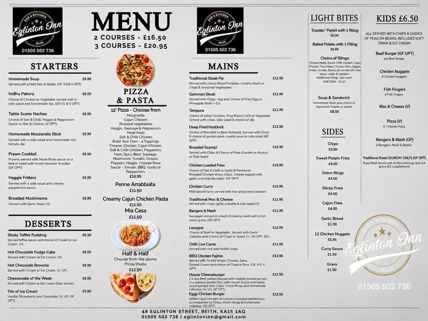 Eglinton Inn food and drink menu