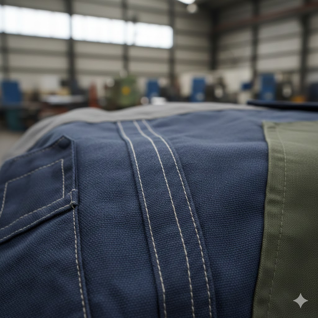 Close-up of hands holding professional workwear showing fabric quality and stitching detail