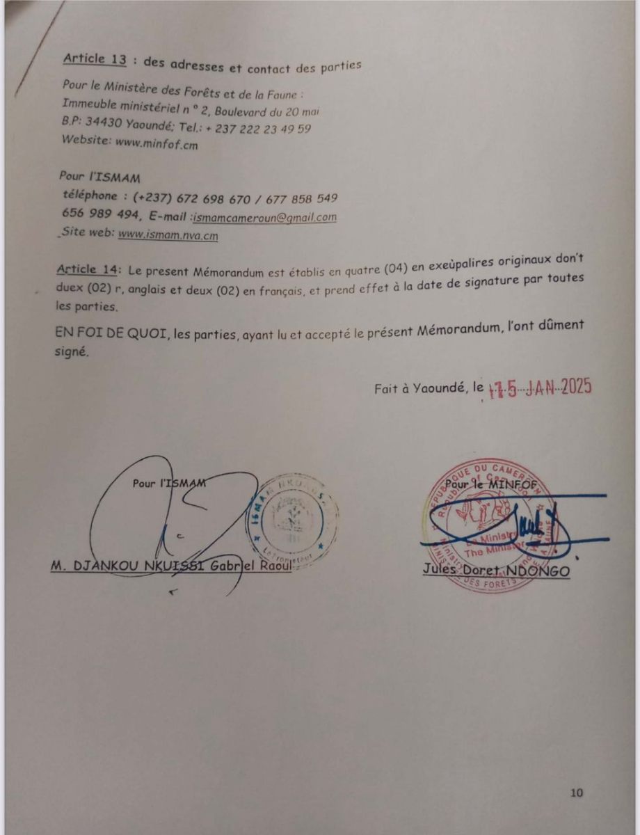 Mémorandum ISMAM MINFOF signé par le Ministre